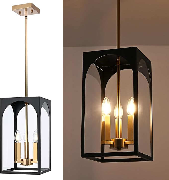 VINLUZ 3 Lights Outdoor Pendant Light Fixture in Black and Brushed Brass Finish, Classic Indoor Outdoor Hanging Lantern Lighting with Clear Glass Shade for Porch Entryway Hallway