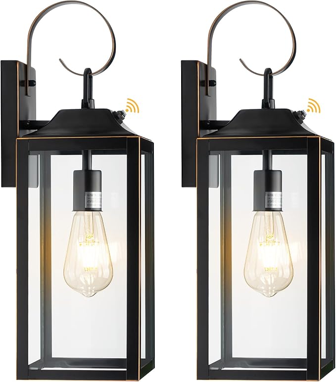 19" Dusk to Dawn Outdoor Lighting 2 Pack, Large Outdoor Wall Lights Dusk to Dawn, Black Sensor Porch Lights Exterior Lighting Fixtures Wall Mount for House Garage -with Gold Trim