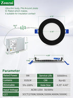 zouzai 4 Inch Black 5CCT Reset Ultra-Thin LED Recessed Ceiling Light with Junction Box, 2700K/3000K/3500K/4000K/5000K Selectable, 9W, Dimmable-ETL and Energy Star Certified【6 Pack 】