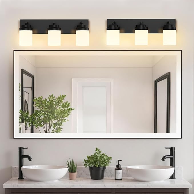 IZORRO Bathroom Vanity Light Fixture, 3-Light 22 Inch Matte Black Bathroom Light Fixtures Over Mirror, with White Glass Shade, Modern Farmhouse Vanity Lights, Rustic Restroom Lighting Fixtures