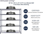 60"x18"x72" Prime Heavy Duty Black 5-Tier Wire Shelving NSF 4000 LBS MAX Capacity Storage Rack for Commercial, Hospital, School, Garage, and Kitchen Uses (with Wheels)