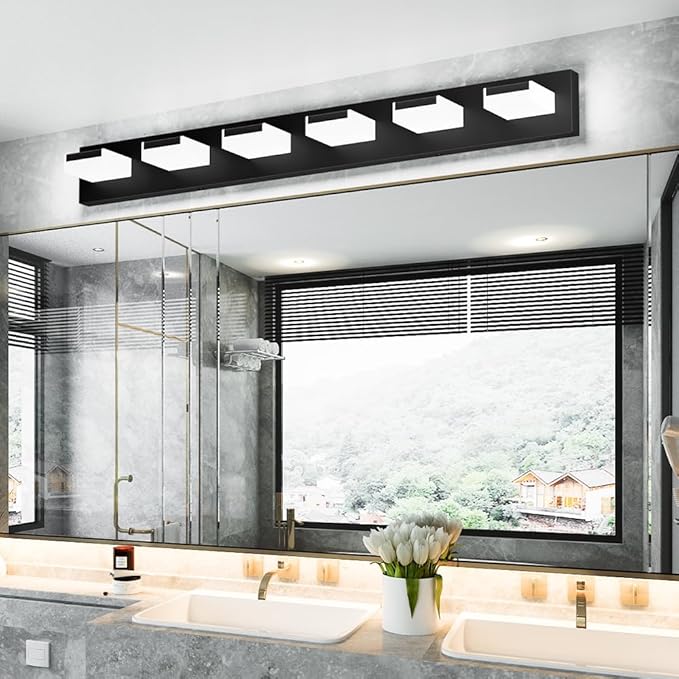Aipsun Black Bathroom Light Fixtures - 6 Modern Vanity Lights with LED, Over Mirror (White Light, 6000K)