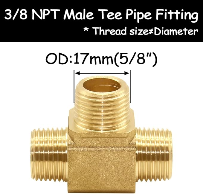 2PCS 3/8 Inch Brass Tee Pipe Fitting 3/8" NPT Male x 3/8" NPT Male x 3/8" NPT Male for Water/Oil/Gas