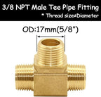 2PCS 3/8 Inch Brass Tee Pipe Fitting 3/8" NPT Male x 3/8" NPT Male x 3/8" NPT Male for Water/Oil/Gas