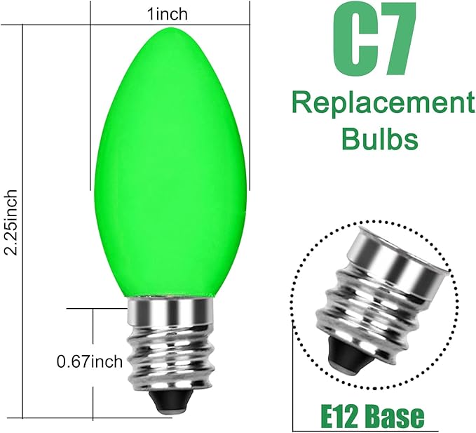 SUNSGNE C7 Ceramic Green Replacement Bulbs, 25 Pack St. Patrick's Day Light Bulb Night Light Candle Bulb, Outdoor String Light Bulbs for St. Patrick's Day Patio Christmas Decor, C7/E12 Base-5 Watt