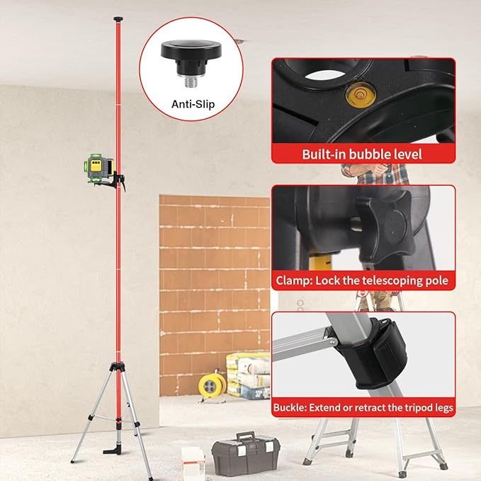 12 Ft./3.7M Professional Lasers Level Pole with Tripod, Adjustable Telescoping Pole for Leveling Tools, Multi-functional Fine-tuning Bracket with 1/4” and 5/8” Thread Adapters, Includes Carrying Bag