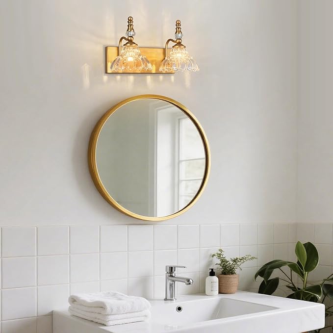 Vintage Bathroom Vanity Light, 2-Light Brass Vanity Lighting Fixture with Flower Glass Shade, Bathroom Lighting Fixtures Over Mirror