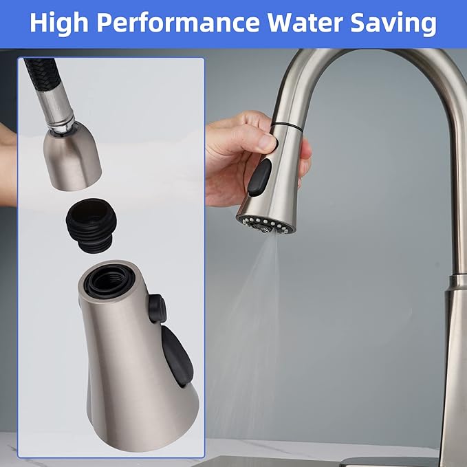 iFealClear Universal Kitchen Faucet Head Replacement, 3 Modes Pull Down Faucet Spray Head, Compatible with Moen Delta, Equipped with 15 Adapters, Brushed Nickel