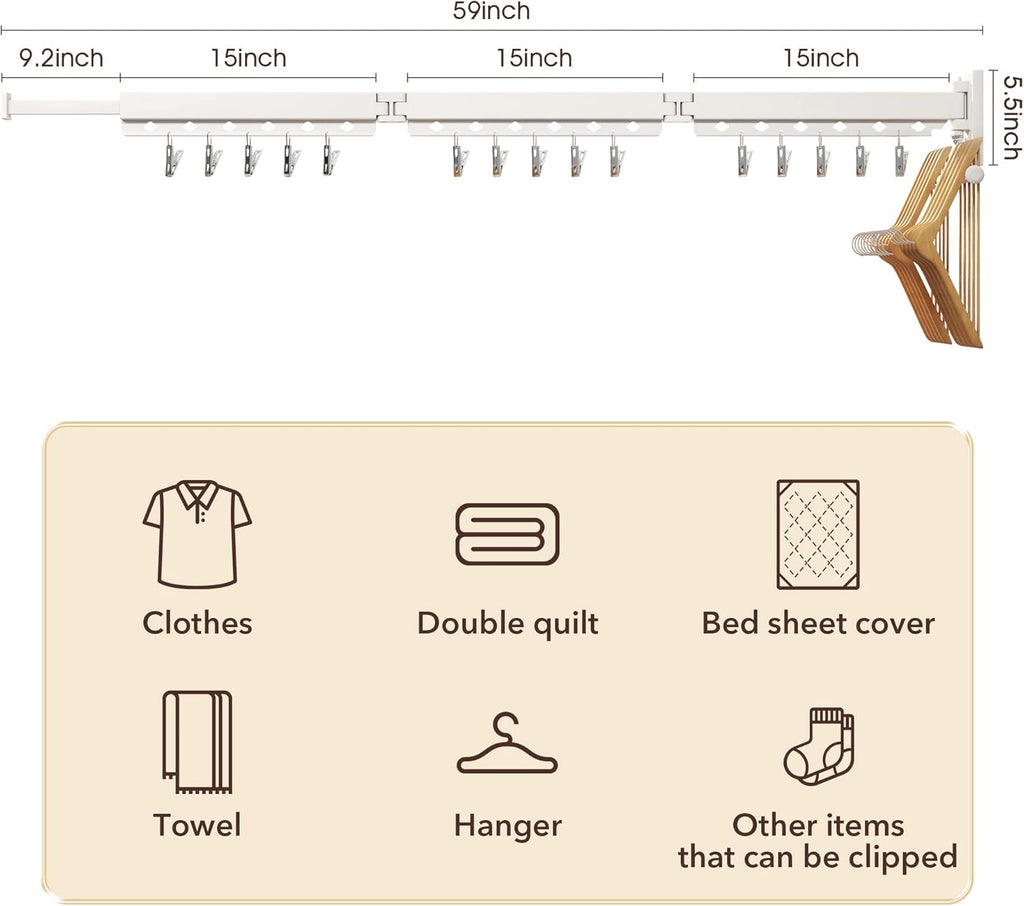 Wall Mounted Clothes Hanger,Clothes Drying Rack,Laundry Rack Wall Mount,Drying Rack Clothing,Clothes Rack Retractable,Collapsible(Tri-Fold), with Windproof Holes & Clips,White Color