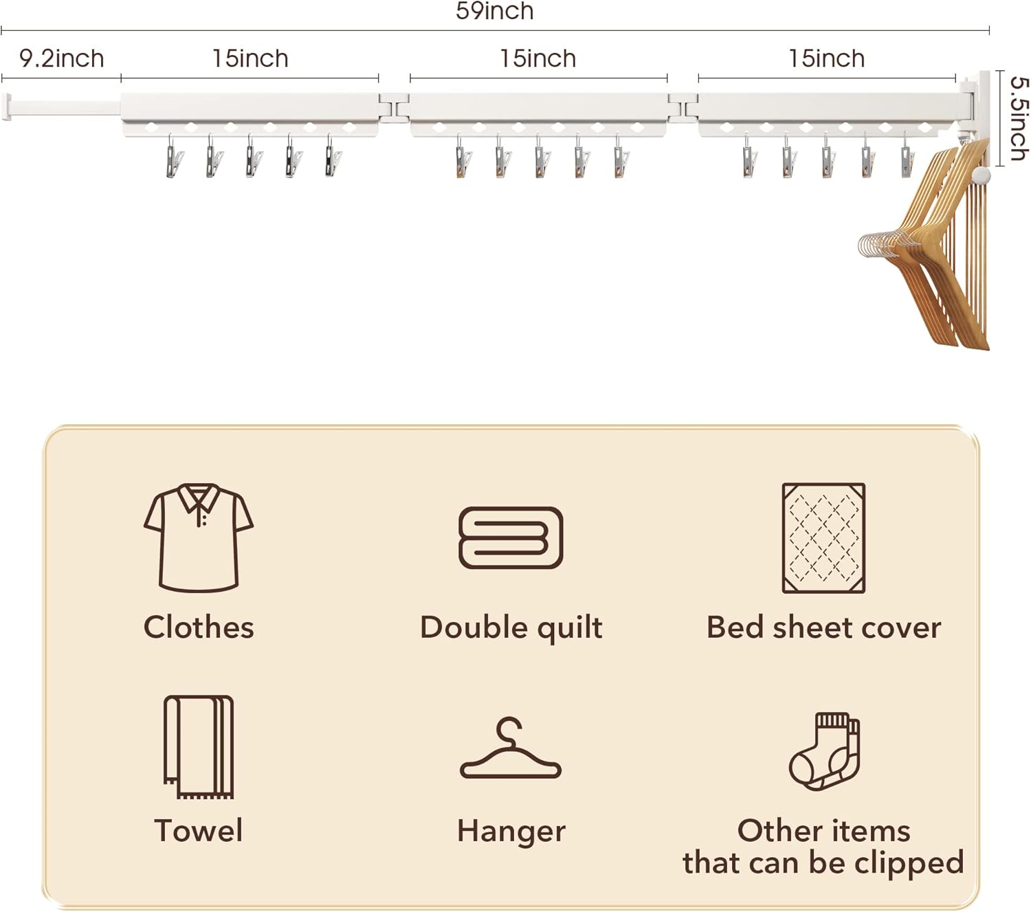 Wall Mounted Clothes Hanger,Clothes Drying Rack,Laundry Rack Wall Mount,Drying Rack Clothing,Clothes Rack Retractable,Collapsible(Tri-Fold), with Windproof Holes & Clips,White Color