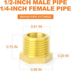 GASHER 15Pcs Brass Reducer Hex Bushing 1/2" NPT Male x 1/4" NPT Female, Brass Threaded Pipe Fitting