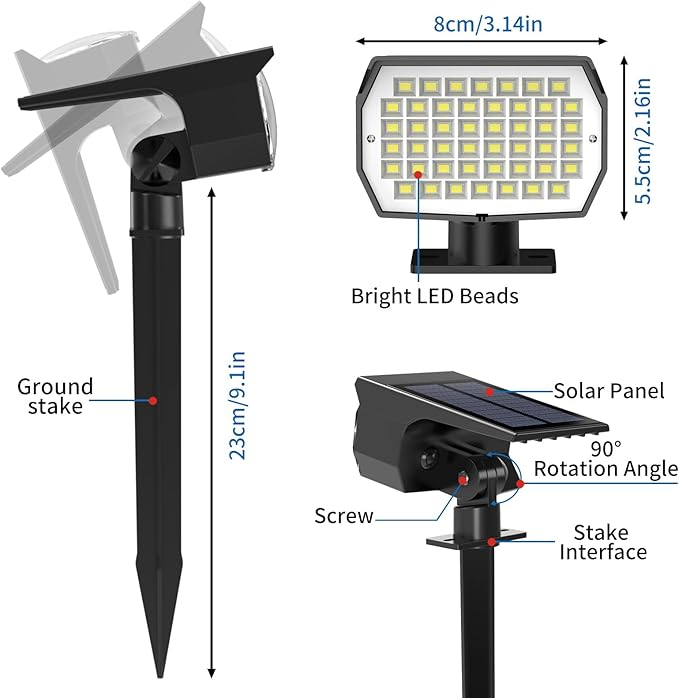 Solar Spot Lights Outdoor 2 Pack, [46 LED/3 Modes] Solar Landscape Spotlights Waterproof, 2-in-1 Auto On/Off Solar Powered Lights for Outside Yard Garden Wall Pathway(Cool White)