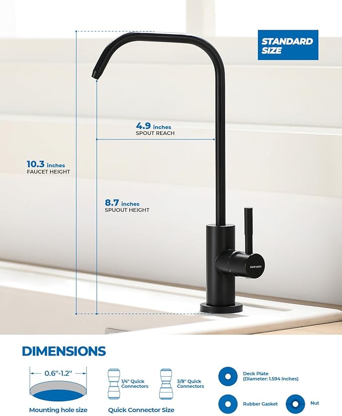 WEWE Drinking Water Faucet, Lead-Free Kitchen Water Filter Faucet for Reverse Osmosis or Water Filtration System, RO Faucet, Matte Black