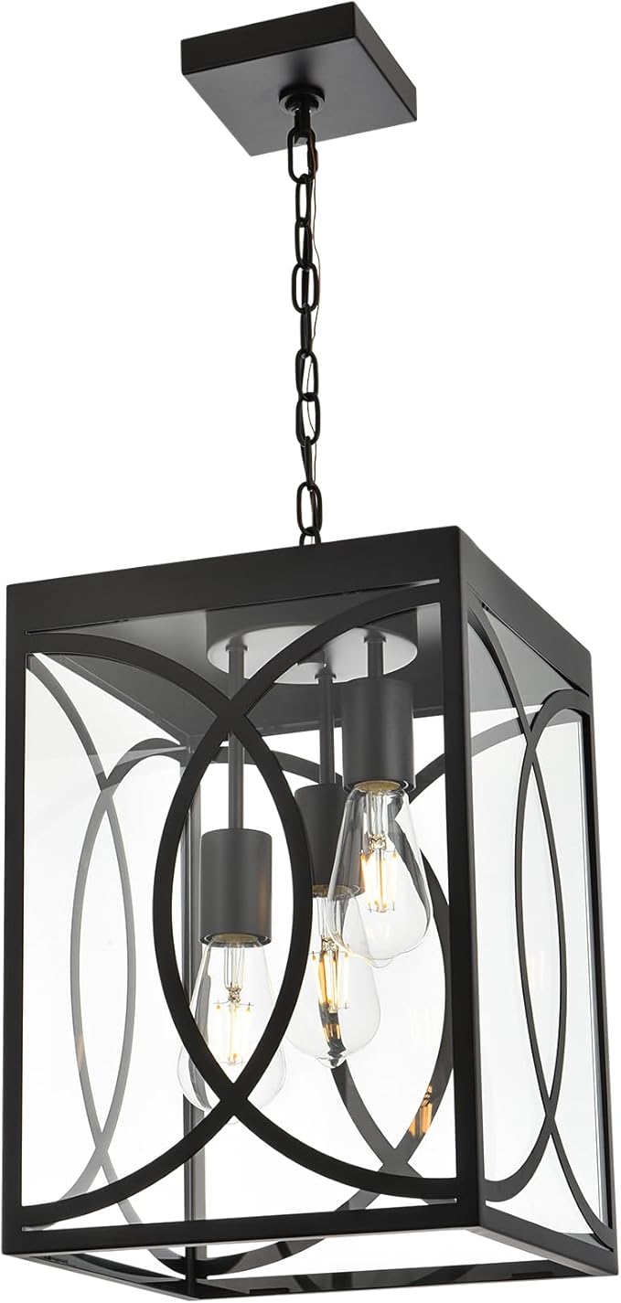 Outdoor Pendant Light Fixture, 3-Light Black Large Exterior Hanging Lantern with Clear Glass, Metal Outdoor Chandelier Porch Lighting for Front Porch Entrance