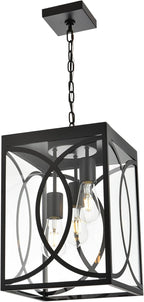 Outdoor Pendant Light Fixture, 3-Light Black Large Exterior Hanging Lantern with Clear Glass, Metal Outdoor Chandelier Porch Lighting for Front Porch Entrance