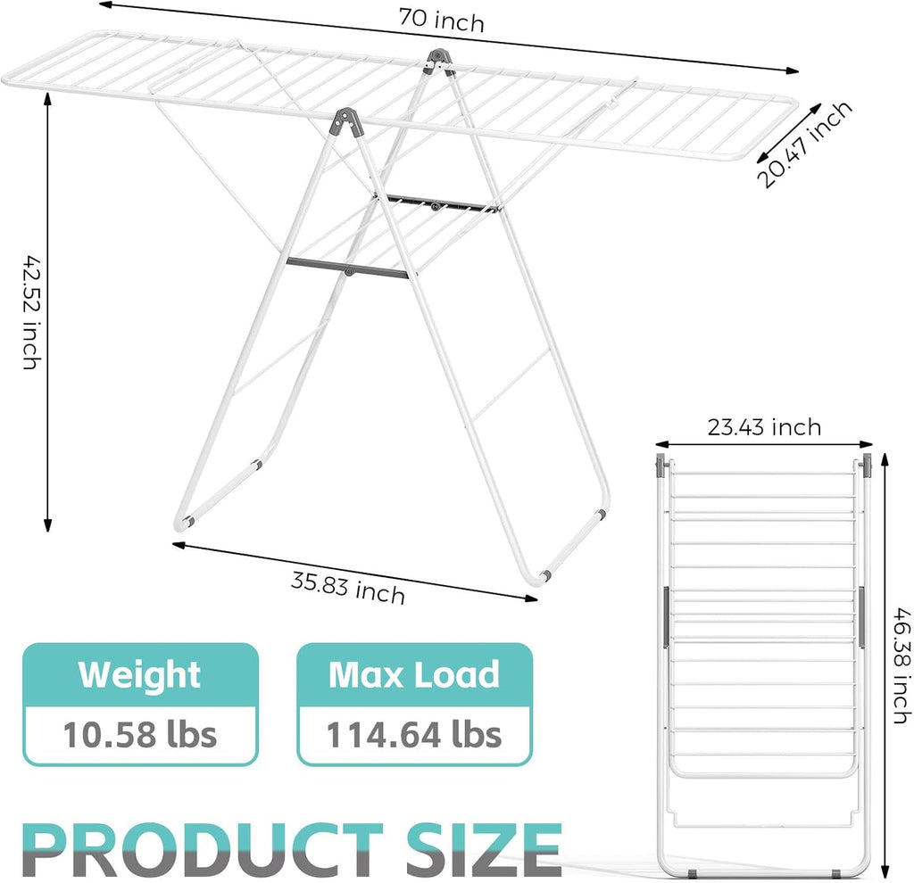 APEXCHASER Clothes Drying Rack, Oversized Drying Rack Clothing with Height-Adjustable, Foldable Gullwings Metal Laundry Rack, Indoor Outdoor Use, No Assembly, White