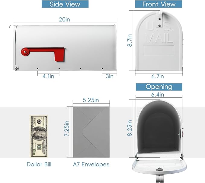 Metal Mailboxes Post Mount, Galvanized Steel Outside Mail Box, Standard Medium Capacity, 20 x 8.7 x 6.7 Inches, White