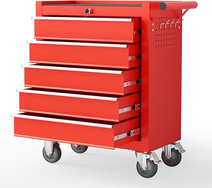 5 Drawers Rolling Tool Chest with Wheels, Portable Rolling Tool Boxes with Wheels, Tool Box Storage Cabinet with Locking System for Garage (RED, 5 Drawers)