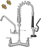 Commercial Sink Faucet with Sprayer 21" Height 8"Center Brass Constructed Wall Mount Commercial Kitchen Faucet with Pull Down Pre-Rinse Sprayer and 8" Swing Spout for 1/2 Compartment Sink（21"）