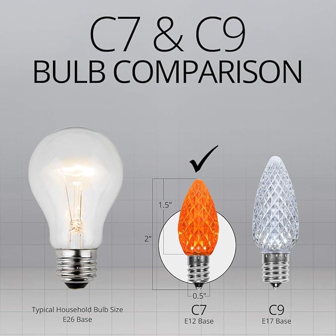 Wintergreen Lighting 25 Pack OptiCore C7 LED Christmas Light Bulbs - Replacement LED Christmas Lights Heavy Duty Premium Outdoor Christmas Lights, E12 Base (Amber/Orange Faceted)