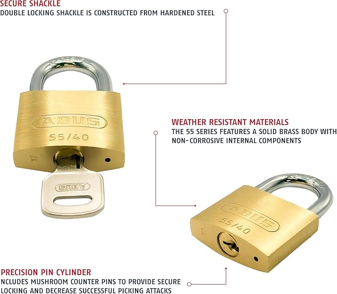 ABUS 55/40 Solid Brass Padlock with 2 Keys for School, Gym, Cabinet 1 1/2in (40mm) Wide (Keyed Alike, 2 Pack)