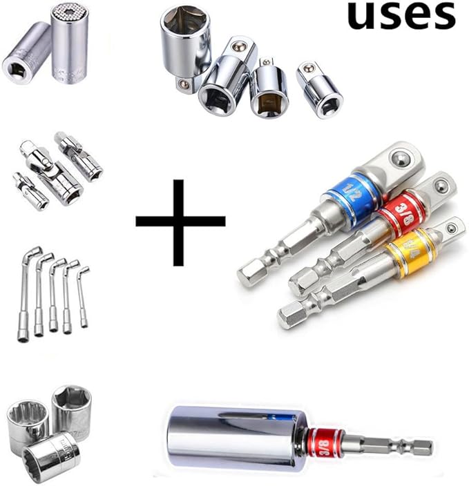 Impact Grade Socket Adapter/Extension Set Turns Power Drill Into High Speed Nut Driver,1/4-Inch Hex Shank to Drive for Adapters to Use with Drill Chucks, Sizes 1/4" 3/8" 1/2", Cr-V, 3-Piece