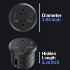 Jgstkcity Desktop Power Grommet, 65W USB C Fast Charging Port, Flush Mount Recessed Power Strip 3inch Hole,2 Outlets,4 USB Ports, Countertop Outlet (Black, 65W USB Port)