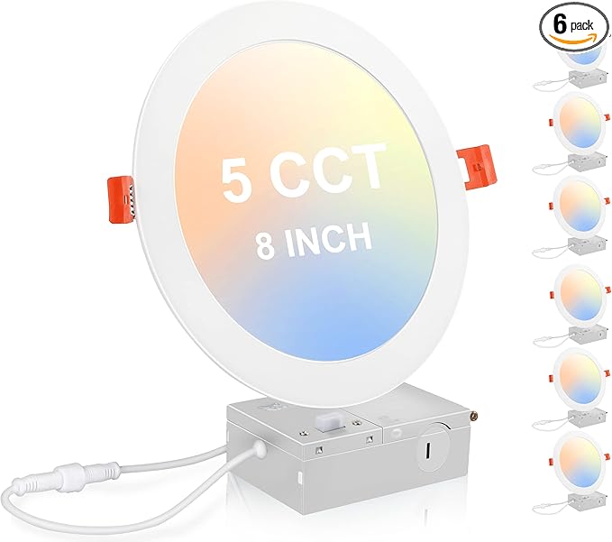 CLOUDY BAY 20W 8 inch LED Recessed Lights,5Color 2700K/3000K/3500K/4000K/5000K Selectable,Dimmable CRI 90+,IC Rated,ETL Listed,Ultra Thin Recessed Downlight with Junction Box,White,6 Pack