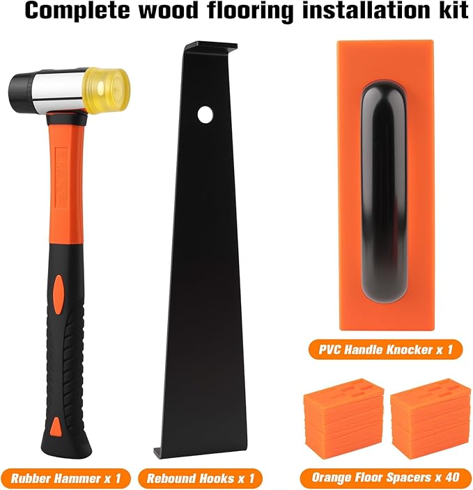 43-Piece Laminate Flooring Tools with Sturdy Double-Ended Hammer, Steel Return Hooks, Snug-Fitting Two-Handed Knocking Block with Handle and Shims, Flooring Tools Perfect for Home and Professional Use