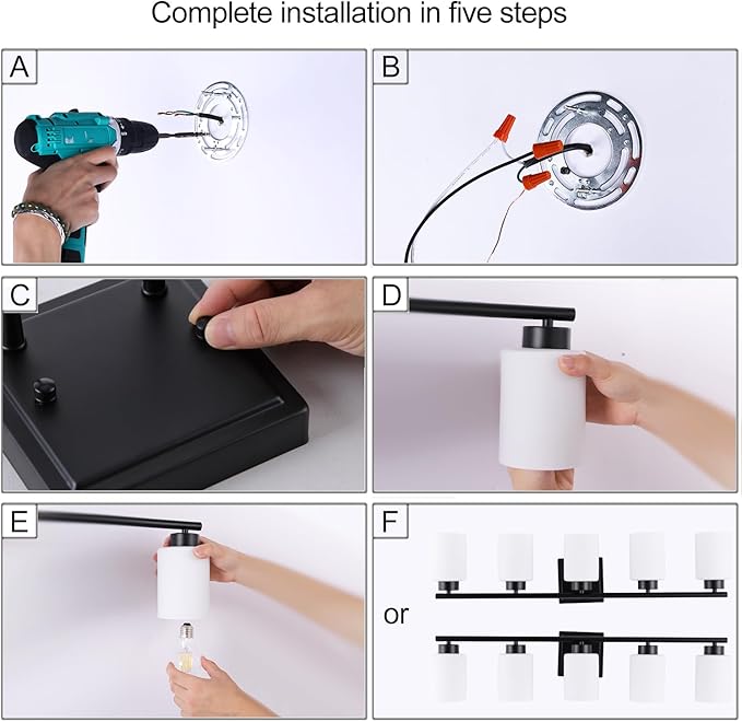 5 Light Bathroom Light Fixtures, 33.3 Inches Vanity Lights for Mirror, Black Vanity Lighting Fixtures with Milky White Glass Shades