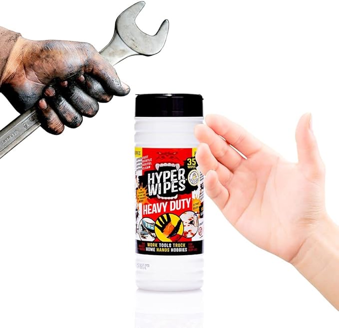 Hyper Wipes, 12 Pack Heavy Duty Hand & Tool Cleaning Wipes, 7"x12" Size Multi-Surface Cleaning Wipes, Degreasing, All Purpose Cleaner, Bathroom, Mechanic, Work Surface Wipes, 420 Count Canister