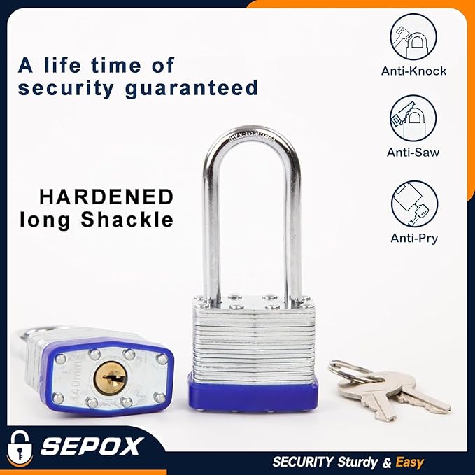 SEPOX® Lucky-12Pcs Set Keyed-Alike Laminated Steel Padlocks with Same-Key, Long-Shackle, 1-9/16" 40MM Heavy-Duty Padlock Body, 12Pcs of Locks with 28Pcs Key with Big Handle for Lockers-Lock, Fence