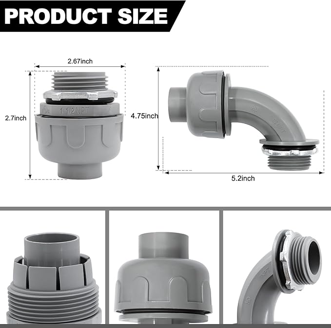 1-1/2 inch Liquid Tight Connector PVC Flexible Conduit Connector, 180 Degree and 90 Degree UL Listed, Non-Metallic Electrical Conduit Fittings 6 Pack(4 pcs 180D/2 pcs 90D)