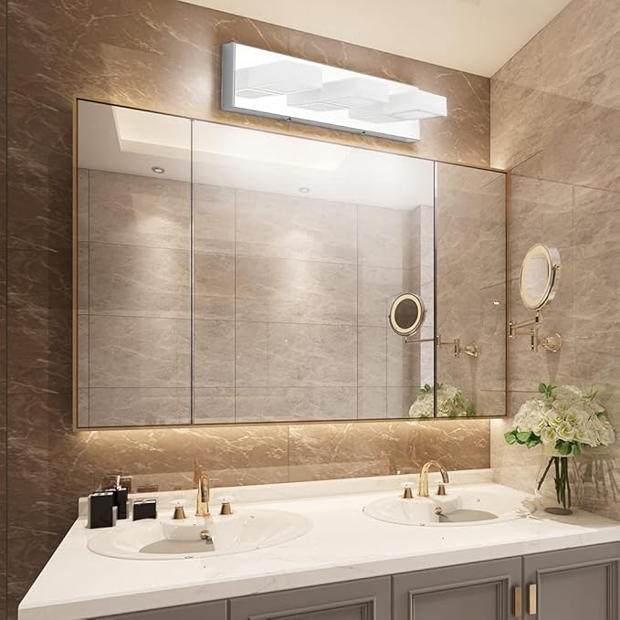 Ralbay Modern LED Bathroom Vanity Lights 3 Lights Stainless Steel Acrylic Bathroom Wall Lighting Fixtures Modern LED Vanity Lights Over Mirror(Natural White Light)