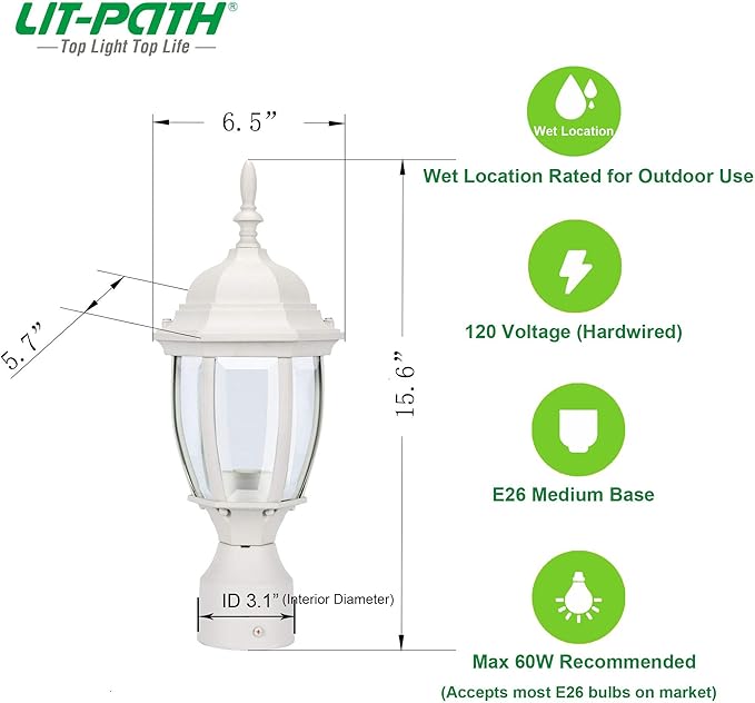 LIT-PaTH Outdoor Post Lighting Fixture Pole Lantern, E26 Medium Base Max 60W, Aluminum Housing Plus Glass, Matte White Finish, 1-Pack