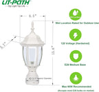 LIT-PaTH Outdoor Post Lighting Fixture Pole Lantern, E26 Medium Base Max 60W, Aluminum Housing Plus Glass, Matte White Finish, 2-Pack