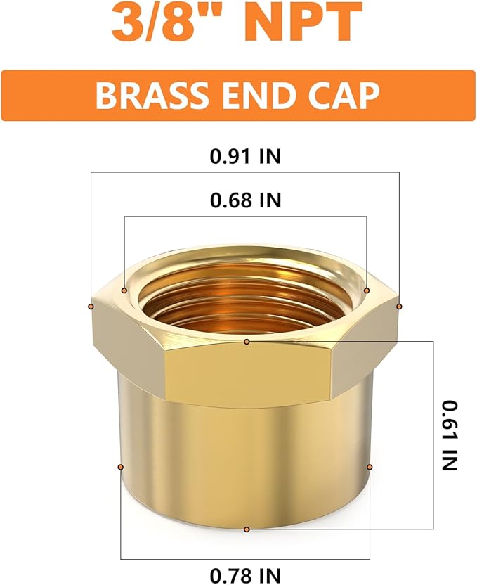 GASHER 3/8"NPT Brass Pipe Cap, NPT Female Thread Socket Pipe End Cap Plugs Fitting 10PCS