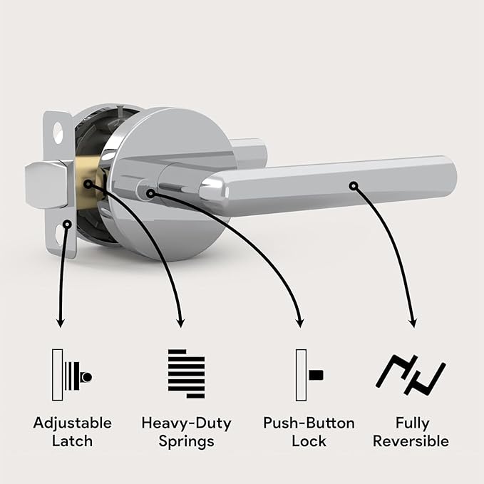 Mega Handles Ronn Privacy Door Handle - 2 Pack Reversible Chrome Door Handles, Heavy Duty Bed & Bath Door Handles with Privacy Door Lock, Fits All Standard Doors - Polished Chrome