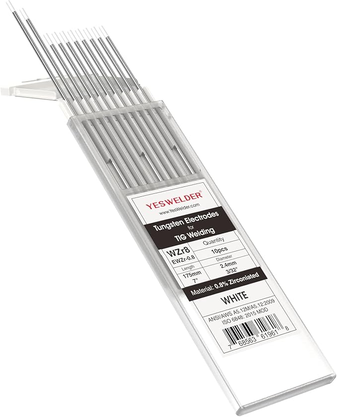 YESWELDER TIG Welding Tungsten Electrode 0.8% Zirconiated 3/32" x 7" (White, WZ8/EWZr-0.8) 10-pk
