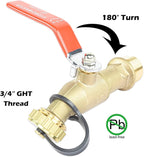 Full Port Brass 3/4" MNPT Water Heater Drain/Flush Ball valve(2 inch Shank, LF Compliant, 180 Degree Handle, w/Garden Hose Cap)