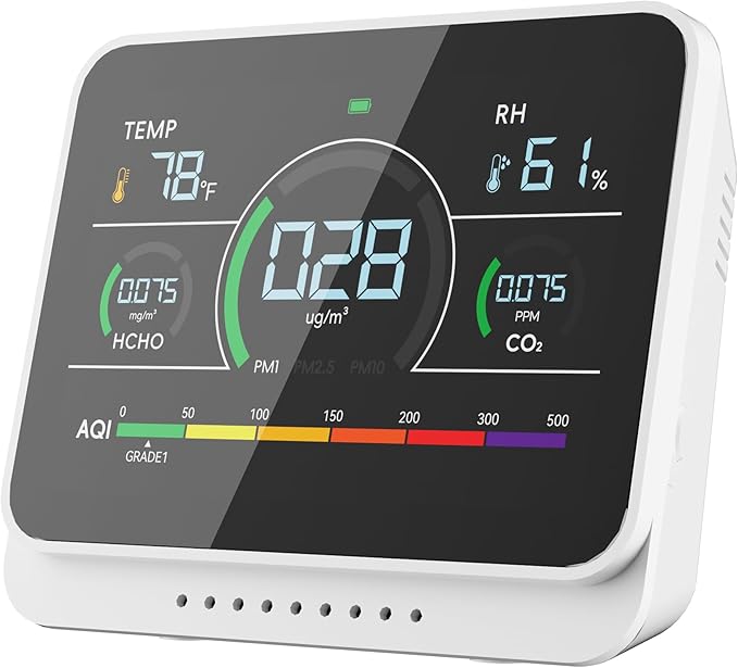 13-in-1 Air Quality Monitor Indoor with Beep Alarm, 6AQI Air Quality Detector with PM1.0 | PM2.5 | PM10 | Temp | CO2 | Formaldehyde | HUM Tester for Home Office Plant (Pearl White)