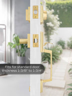 EHOMEWARE Gold Front Door Handle Set, Brass Heavy Duty Square Door Lever & Single Cylinder Deadbolt Combo Reversible for Entrance Exterior Doors 2 Sets