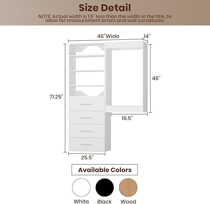 ROOMTEC Modular Closet System, 46" Wall-Mounted Closet Organizer with Drawers and Hanging Rods, Wooden Tower for Walk-In Closets, Wardrobe Storage Kit, White