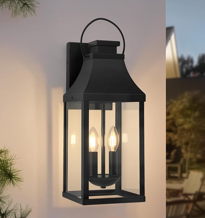 tewei 20'' Outdoor Wall Light, Porch Light Outdoor Wall Sconce Lantern, 2-Light Modern Black Exterior Lighting Fixture Wall Mount, Outside Light for House Garage, 1-Pack