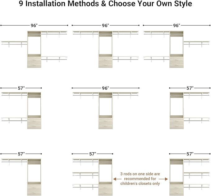 Cyclysio 8 FT Hanging Closet Organizer, 96 Inch Closet Organizer and Storage with 4 Adjustable Rods and 3 Shelving Towers, Wardrobe with Drawers for 4-8FT Spaces(Cut-to-Fit), Oak