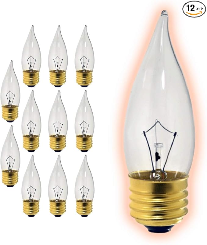 GoodBulb 25-Watt Incandescent Flame Tip Light Bulbs CA10 Clear Finish Medium E26 Base 2700K Warm White Color Dimmable 25W 175 Lumens Pack of 12 Bulbs