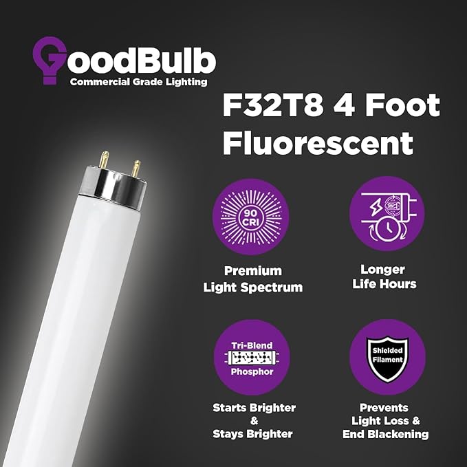 GoodBulb 32W 48 Inch T8 Fluorescent Light Bulb, 6500K Full Spectrum Medium Bi-Pin Base, 3050 Lumens 86 CRI 24000 Life Hours, Instant/Programmed Start (Pack of 25)