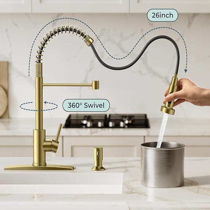 Smart Kitchen Faucet, 3 Modes Pull Down Sprayer, Smart Touch On Sensor Activated, Ceramic Disc Valve, 360-Degree Rotation, 1 or 3 Hole Deck Plate. 20-Year Warranty. (KW-62J, Brushed Gold)
