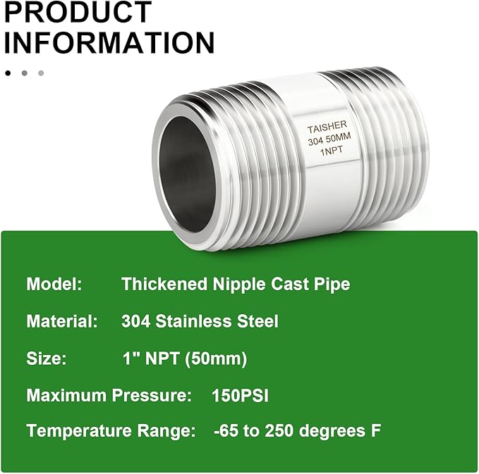 TAISHER 2PCS Stainless Steel Pipe Fittings, 1" NPT Male x 1" NPT Male Threaded, 2" Length Thickened Nipple Cast Pipe