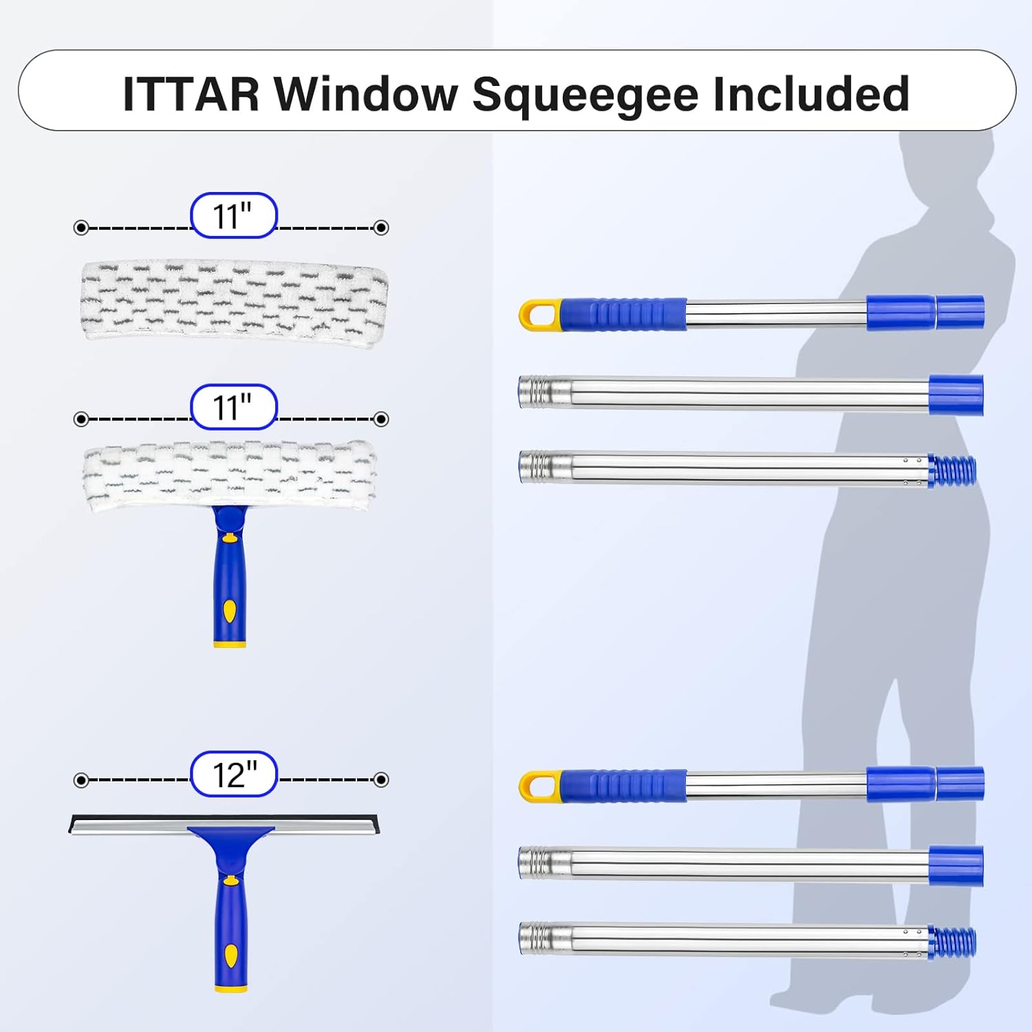 ITTAR Window Squeegee with 2 Sets Stainless Steel Pole, Squeegee Cleaning Tools with Microfiber Pads, 60"-72" Telescopic Window Washing Kit, Professional Squeegee Cleaner for Home Car Outside Glass